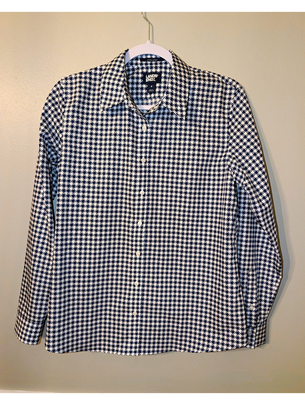 Lands' End No Iron 100% Cotton Blue White Houndstooth Button Front Shirt 6
